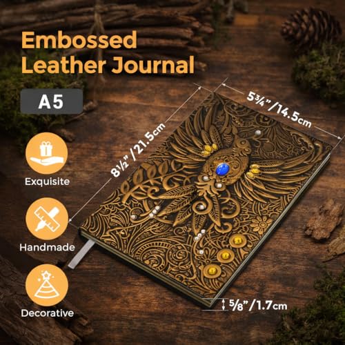 Image of Giftana 3D Phoenix Bronze DND Vintage Notebook Diary for Men and Women, Antique Diary with 200 Pages | Premium Writing A5 Journal Leather Diaries, Travel Diary, Corporate Gift for Employees (Gold)