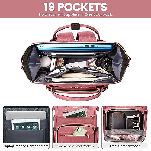 Image of LOVEVOOK Laptop Backpack for Women,17 Inch Professional Womens Travel Backpack Purse Computer Laptop Bag Nurse Teacher Backpack,Waterproof College Work Bag Carry on Back Pack with USB Port,Light-red
