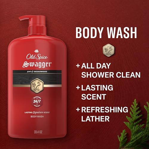 Image of Old Spice Body Wash for Men, 24 /7 Shower Fresh with Long Lasting Scent, Refreshing 3X Defense, Red Collection, Swagger with Cedarwood Scent, 33.4 oz (Pack of 4)