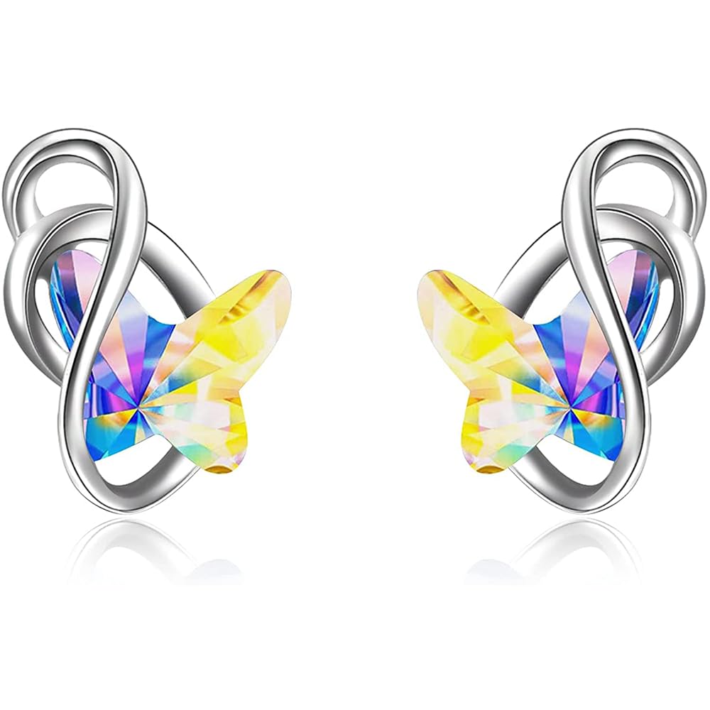 925 Sterling Silver Butterfly Stud Earrings with Crystals, Butterfly Jewellery Gifts for Women Girls