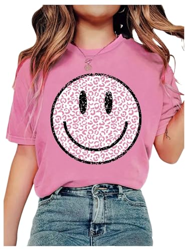 SHENHE Girl's Cheetah Smile Face Tshirt Short Sleeve Crewneck Graphic Tees Cute Preppy Kid Summer Tops