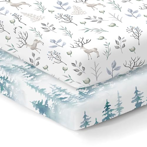Image of 100% Organic Cotton Fitted Mattress Sheets for Graco Pack n Play, Babyletto, Pamo Babe, Dream on Me, Evenflo, Baby Trend Portable/Mini Crib/Playards, and Beka Bedside Bassinet 2 Pk, Deer and Forest