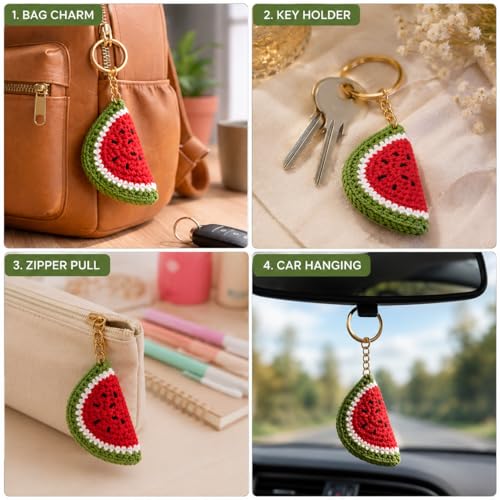Image of Handmade Crochet Keychain Combo for Girls Women Cute Aesthetic Sunflower Strawberry Watermelon Daisy Knitted Keychain Bag Charm Purse Charm Car Key Ring Backpack Accessories Gift