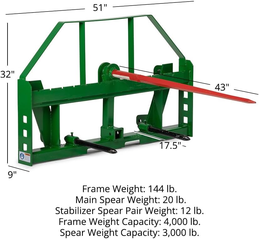 Titan Attachments Standard Series Global Euro Hay Frame with 43" Hay Spear and Stabilizers, Fits John Deere Style Tractors, Hay Spear Sleeves Included, 2" Receiver Hitch, Rated 4,000 LB
