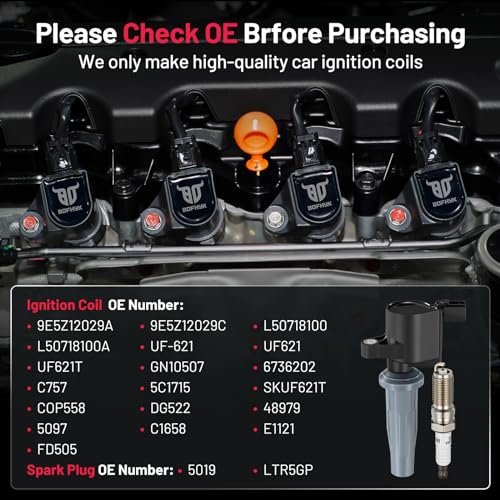 Image of BDFHYK Ignition Coil Pack UF621 and Iridium Spark Plugs 5019 Compatible with Lincoln MKZ, Mariner Milan, Fusion Transit Connect Escape C-Max,Compatible with Mazda Tribute 2.0L 2.5L L4 DG522,Set of 4