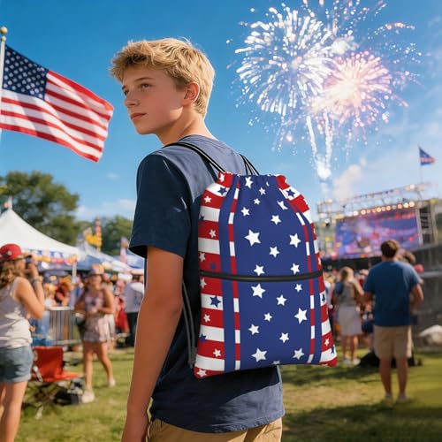 Image of Patriotic Stars Stripes 4th of July Drawstring Bag, Memorial Day Independence Day Red Blue Waterproof Drawstring Bckpack for Gym Sports, Sackpack Bag with Front Zipper Pocket and Inside Zipper Pocket