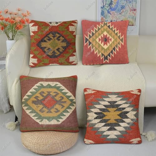 Housse de coussin kilim lot de 4 en jute et laine style bohemien de 45x45 cm pour salon - 2