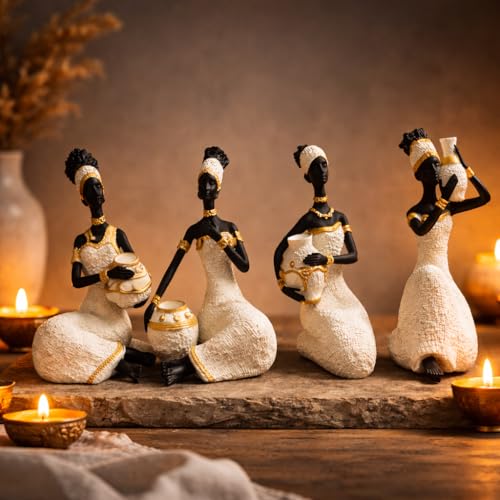 Image of Vibrant Beautiful Finish Uniquely Hand Crafted Home Decor African Tribal Women Art Piece (African Lady Sitting Set of 4)
