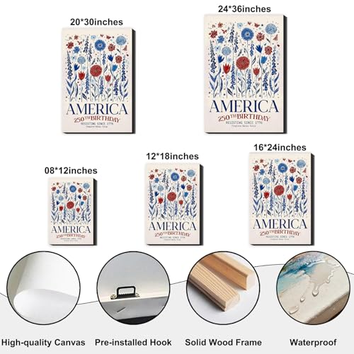 Image of RIBNTAK Vintage Patriotic America 250th Birthday Wall Decor, 1776 Floral Canvas Prints, 4th of July Wildflower Art, Red White Blue Pictures for Kitchen, Office, Rustic Home, Made in USA