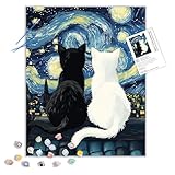 Two Cats on the Roof Paint by Numbers Kit for Adults Beginner, Cat Looking up at the Stars Paint by Numbers, Black Cat White Cat Acrylic Paints Oil Painting for Home Decor(16×20inch, No Frame)
