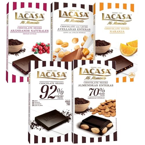 Lacasa pack 5 tabletas de chocolate:leche avellanas, naranja chocolate negro, arándanos,cacao 92%, almendra 200g