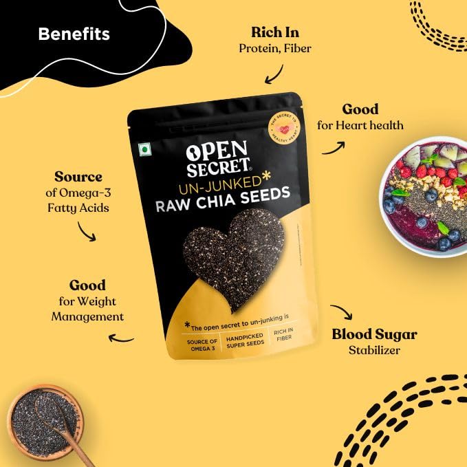 Image of Open Secret Premium Chia Seeds | 500g | Chia Seeds, Raw Handpicked Chia Seed for Eating, Healthy Snacks, Rich in Protein & Fiber with Omega - 3 & Antioxidants, Un-Junked Power Pack (Pack of 1)