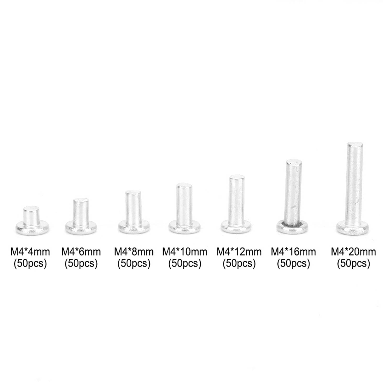 350 PCS M4 Alu Nieten, NIETEN SET Flat Head Solid Aluminium Nieten Sortment Kit 4/6/8/10/12/16/20 mm