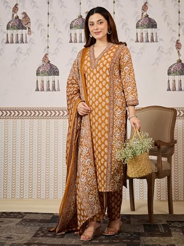 Image of Arayna Women's Cotton Printed Kurta Set with Pants & Dupatta | Elegant Ethnic Wear for Women | Floral Print | Comfortable Suit Set