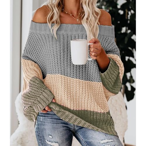 Womens Long Sleeve Off - Shoulder Color - Block Cable Knit Chunky Striped Loose Pullover Sweater Oversized3