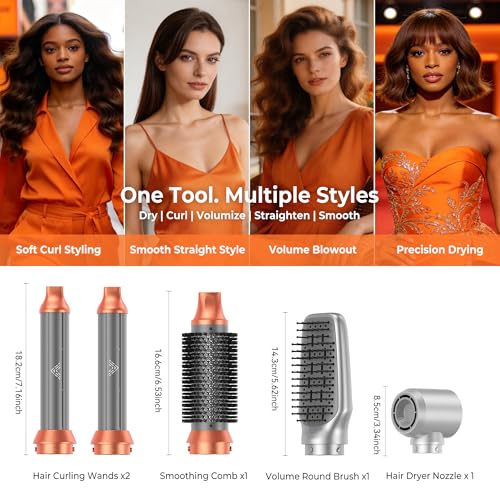 Image of 5 in 1 Blow Dryer Brush,110-120V Hair Dryer Brush, Fast Drying & 3 Adjustable Temperatures Hot-Air Hair Brushes, Detachable Hair Styler Set for Curling /Volumizing /Straightening /Styling (Silver-Orange)