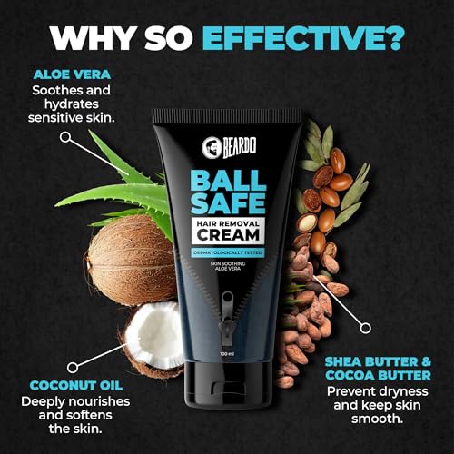 Image of Beardo Ball Safe Hair Removal Cream | Intimate Hair Removal Cream for Men | Painless & Safe Hair Removal in Minutes | With Coconut Oil, Shea Butter & Aloe Vera for Smooth & Hydrated Skin | Dermatologically Tested - 100ml