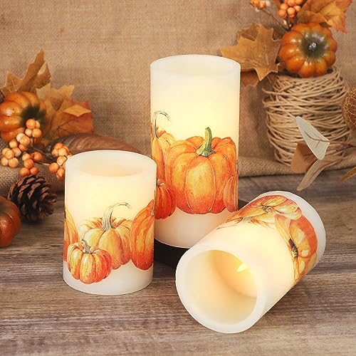 Image of Fall Flameless Candles with Remote, Set of 3 Pumpkin Design LED Candles with Timer and Dimmer Function, Home Party Wedding Autumn Thanksgiving Day Decor