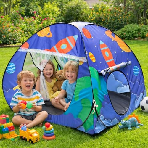 Image of Play House Foldable One Side Round Tent House for Kids Lightweight and Portable |Foldable Tent House for Kids Activity Indoor Outdoor |Play Tent House for Multi Purpose (Space-Blue)