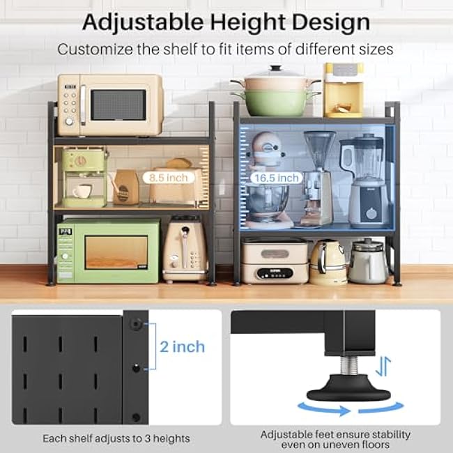 Expandable Microwave Stand, Heavy Duty 3-Tier Adjustable Microwave Oven Rack Shelf with 8 Hooks & 2 Holders, Space-saving Kitchen Counter Shelf for kitchen organizers and storage, 200lbs Capacity