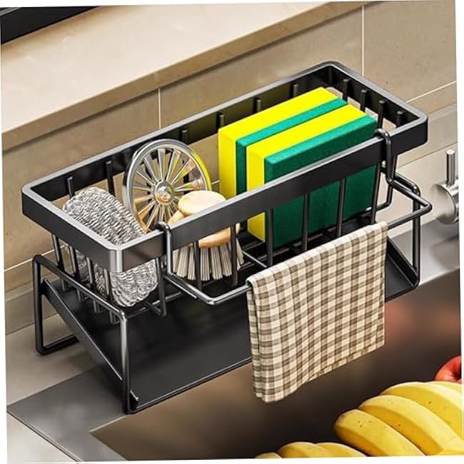 Sink Caddy with Auto Draining Tray Steel Kitchen Sink Organizer with Dish Cloth Hanger for Countertop Black