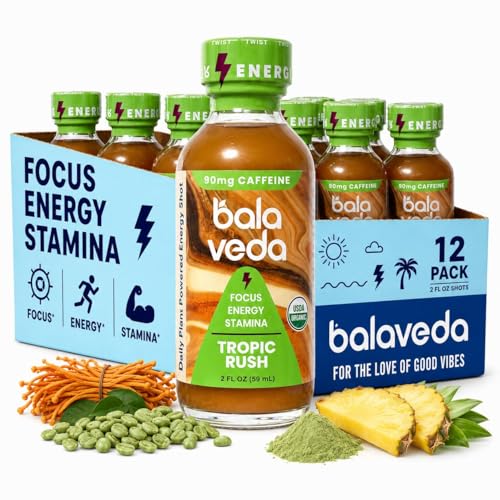 Image of balaveda Tropic Rush Energy Shot, Mint Pineapple, Organic Matcha, 12 Pack | Organic Matcha, L-Theanine, Cordyceps, Eleuthero + Vitamin B12, 2 fl oz Glass Bottles, Pack of 12