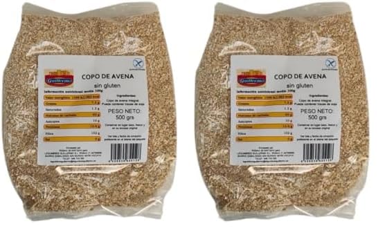 Guillermo | Copos de avena SIN GLUTEN - 500 g. | Perfecto para celíacos | Rico en antioxidantes | Ayuda a reducir el colesterol | Ayuda a bajar de peso (Paquete de 2)