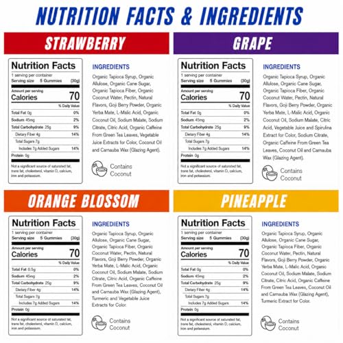 Image of ōku Functional Energy Chews, 60mg of Caffeine from Green Tea & Yerba Mate, Coconut Water for Hydration and 4 Grams of Fiber, Travel Size Gummy Packs, Variety Pack (8-Pack)