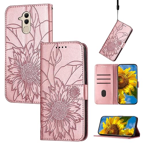 XNCVBD Funda Delgada Compatible con Huawei Mate 20 Lite/maimang 7 Funda Tipo Cartera con Tarjetero, Funda de Piel con Tapa Floral en Relieve, Funda Protectora a Prueba de Golpes For Mujer(Pink)
