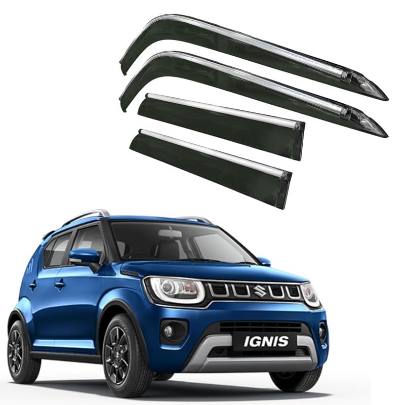 Image of CAR SAAZ Side Door Visors for IGNIS (2016-Present)(Set of 4Pcs)|Chrome Lined Rain Guards, Polycarbonate, Smoke Finish