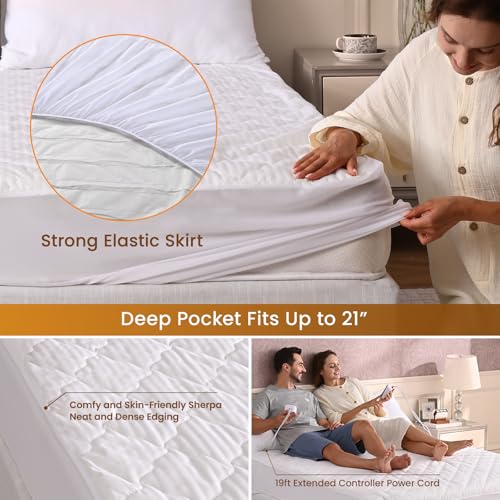 Image of Bearhug Waterproof Heated Mattress Pad King Size Electric Dual Control 78 inchx80 inch White Mattress Protector Heating Pad 21 Inch Deep Pocket Bed Warmer 10 Heat Levels 12 Hour Auto Shut Off