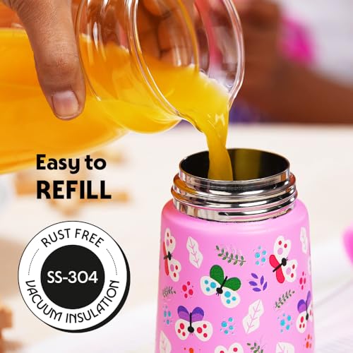 Image of Borosil 330ml Butterfly Kids Stainless Steel Bottle | ISI Certified Made in India | 8 Hrs Hot & Cold Double Wall Vacuum Insulated Flask | Push & Straw Lid | Powder Coated Finish | 1 Year Warranty