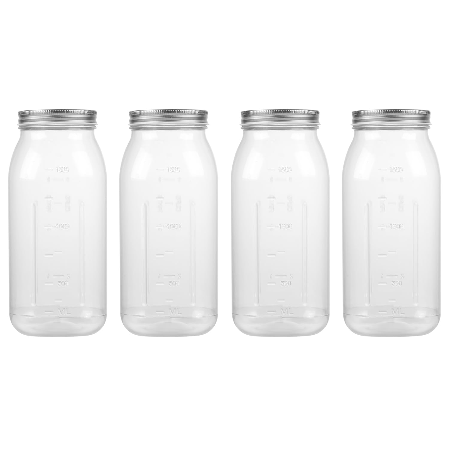 OMNISAFE 64 Ounce Clear Plastic Mason Jars With Screw On Lid, Reusable Empty Jars for Food Storage, BPA Free Containers for Sealing, Dry Food, Snacks, Candies, Breakage-proof, (Silver - 4 Pack)