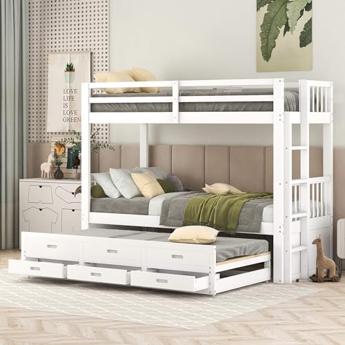 NQSLDM Litera 90 x 200 cm con cajones y cama nido, litera de madera con somier y protección anticaídas, cama para niños y adolescentes, marco de madera de pino, color blanco