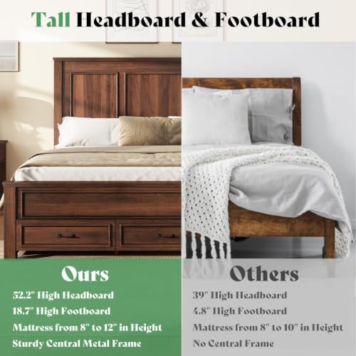 Image of AMERLIFE 52.2 inch King Size Farmhouse Bed Frame with Headboard, Rustic Brown | Tall Panel Headboard & Footboard, Wood Platform Bed with 3 Large Storage Drawers, No Box Spring Required, Noise-Free Design