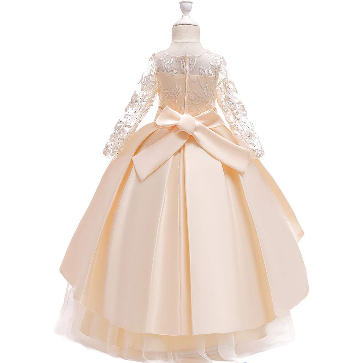 FMYFWY Abito lungo da bambina, in tulle e pizzo, a maniche lunghe, per matrimonio, compleanno, concorso, comunione, ballo di fine anno, lungo, maxi abito da ballo, Champagne, 9-10 Anni