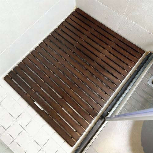 Alfombrilla de ducha antideslizante de teca con agujero de drenaje central, ideal para spa, sauna, piscina y jacuzzi, protector de suelo de madera (marrón, 60 x 90 cm)