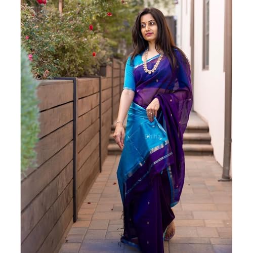 Image of Original Maheswari Cotton Silk Saree for Women | Kanjivaram Pure Silk Cotton Sari with Blouse | Zari Work | Tassels | Handloom Weave