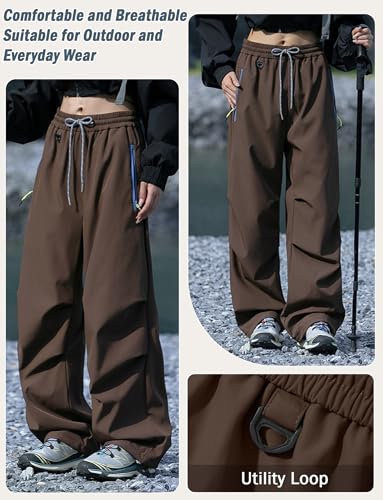 Image of FEOYA Hiking Pants Women Parachute Pants Baggy Quick-Dry Water-Repellent | with Zipper Large Pockets Outdoor Travel Cargo Pants Casual Wear