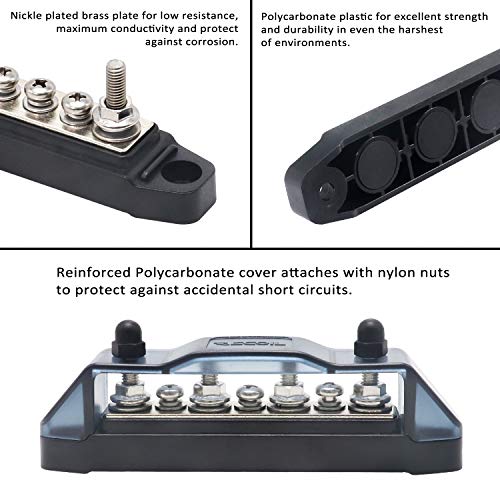 Recoil Bus Bar 4 X M5 Studs 3 Screw Terminals Power Distribution Block Busbar With Ring Terminals (Black) #TOP4