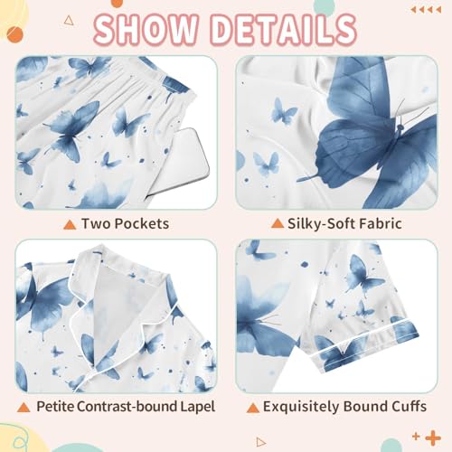 senya Navy Butterflies Cartoon Satin Summer Pajama Sets Silk Short Sleeve Button Down Sleepwear3