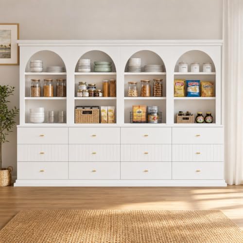 Image of ivaniti 71 inch Arched Kitchen Pantry Cabinet Set of 4 with 12 Drawers, White Freestanding Storage Hutch with Open Shelves and Gold Handles for Kitchen, Dining Room