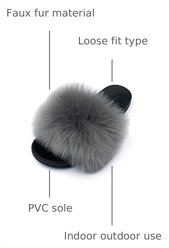 Image of Women's Faux Fur Slides Slippers Fluffy Fuzzy Sandals Open Toe Furry Slide Flip Flop Indoor Outdoor
