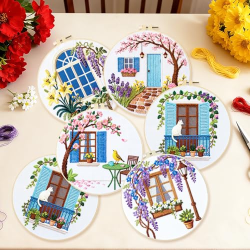 Image of BEUNITONE 6 Set Flowers Embroidery Kit for Beginners Vintage Garden Scene Pre-Stamped Pattern, Needlepoint Kits for Adults Beginners, DIY Handmade Embroidery for Home Decor and Gifts 20x20cm