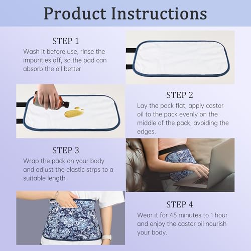 Image of Reusable Castor Oil Pack Wrap for Liver Detox, Castor Oil Wrap for Stomach Less Mess, Elastic Strap Bamboo Cotton Machine Washable Anti Oil Leak 2pcs, Blue and White