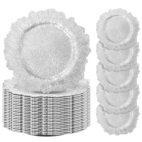 50 Platos Cargadores Plateados Plástico 12.6 Pulg miniatura 1