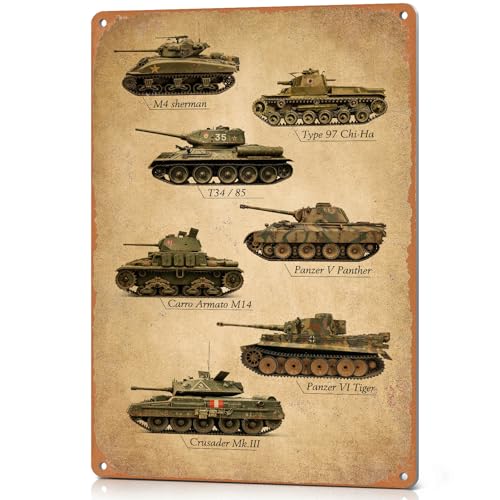 Image of Wallors Military Decor Vintage WW2 Tanks Metal Tin Signs 8x12 Inch | Army Gifts for Boys Men Military Enthusiast, WW2 Posters for War Room Camo Room Wall Decor, WWII Memorabilia