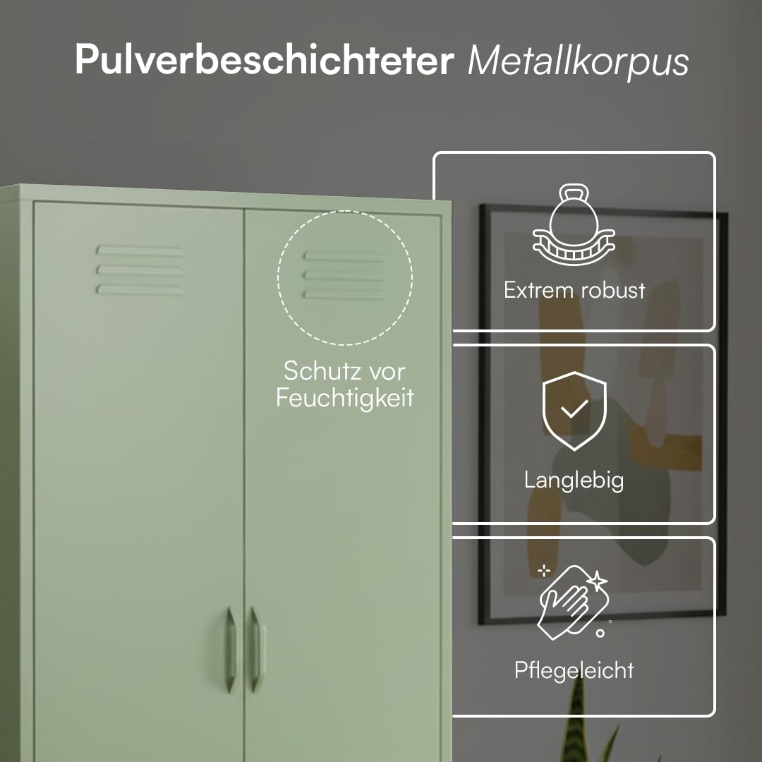 skølm Atria Kleiderschrank Metall – Metallschrank mit 6 Fächern & 2 Kleiderstangen – Garderobenschrank in Mintgrün – Metallkleiderschrank 80 cm breit – Schlafzimmerschrank – Industrial Schrank Flur