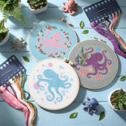 Image of Mindsoft 3 Set Needlepoint Kit for Beginners with Hoop,Octopus | Bamboo Hoop Thread Needles Instructions, Easy Hand Embroidery for Beginners Home Crafts,Pre-stamped Funny Cute Designs