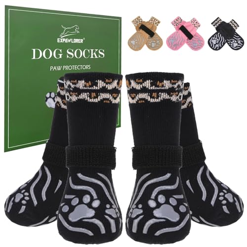 EXPAWLORER Dog Socks for Hot Pavement to Prevent Licking Paws, Anti Slip Doggie Grippy Booties Shoes for Hardwood Floors, Boots & Paw Protectors for Small Medium Large Senior Dogs Black M
